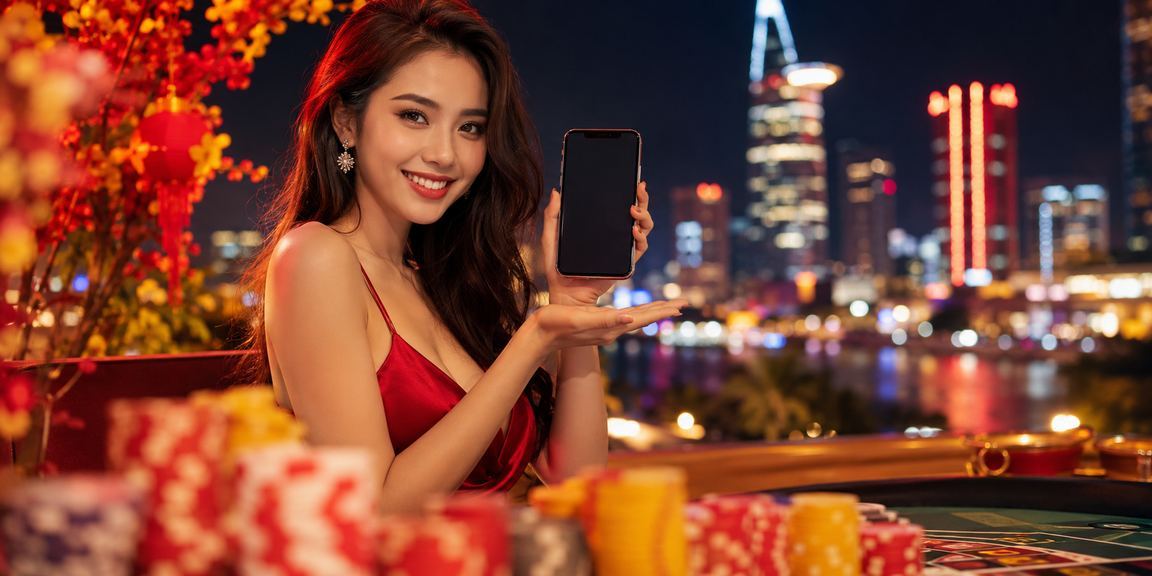 Người dùng TP. Hồ Chí Minh theo dõi ưu đãi casino trên điện thoại dưới ánh đèn neon
